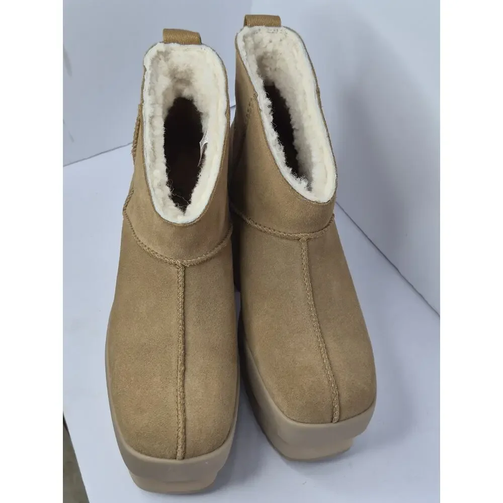 UGG New Heights Platform Mini Boot Tan Suede Shearling Lined Heel Women’s Size 8